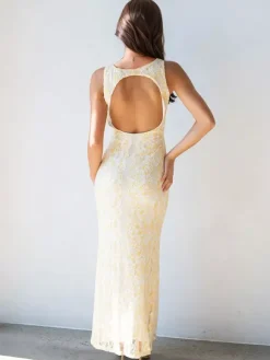 Sleeveless Lace Maxi Dress With Deep V-Neck And Open Back For Summer 2026