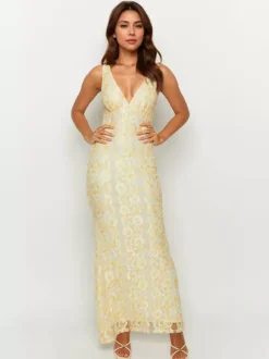 Sleeveless Lace Maxi Dress With Deep V-Neck And Open Back For Summer 2026