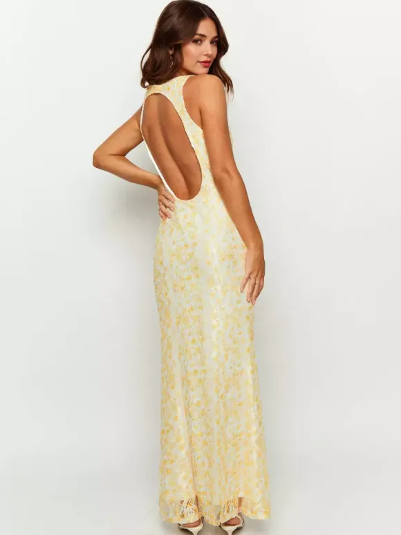 Sleeveless Lace Maxi Dress With Deep V-Neck And Open Back For Summer 2026