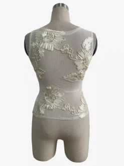 Sleeveless Mesh Tank Top With 3D Floral Applique Embroidery For Women 2026
