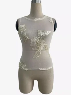 Sleeveless Mesh Tank Top With 3D Floral Applique Embroidery For Women 2026