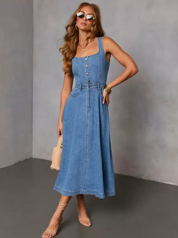 Sleeveless Midi Denim Dress For Women - Medium Blue Square Neck Button Up Fit And Flare Jean Sun Dress - Summer Casual Picnic 2026