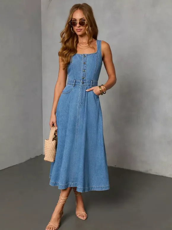 Sleeveless Midi Denim Dress For Women - Medium Blue Square Neck Button Up Fit And Flare Jean Sun Dress - Summer Casual Picnic 2026