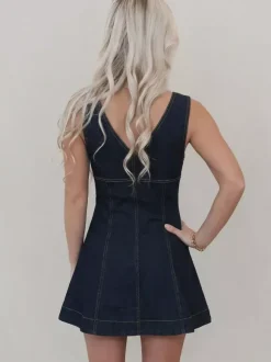 Sleeveless Mini Denim Dress For Women - Dark Blue Western Style Front Zip Slim Fit Jean Sundress - Summer Music Festival 2026