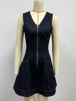 Sleeveless Mini Denim Dress For Women - Dark Blue Western Style Front Zip Slim Fit Jean Sundress - Summer Music Festival 2026