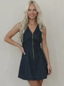 Sleeveless Mini Denim Dress For Women - Dark Blue Western Style Front Zip Slim Fit Jean Sundress - Summer Music Festival 2026