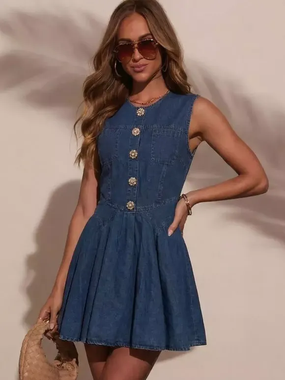 Sleeveless Mini Denim Dress For Women - Medium Blue Y2K Flower Button Fit And Flare Jean Pleated Sun Dress - Summer Casual Party 2026