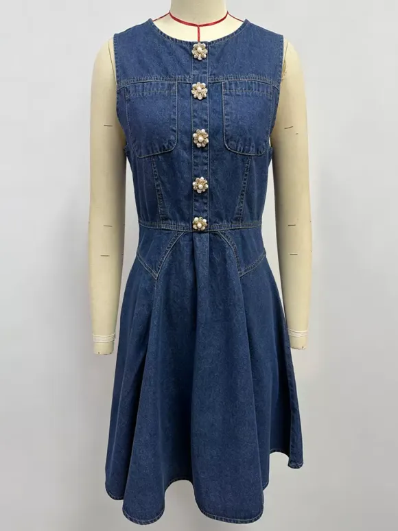 Sleeveless Mini Denim Dress For Women - Medium Blue Y2K Flower Button Fit And Flare Jean Pleated Sun Dress - Summer Casual Party 2026