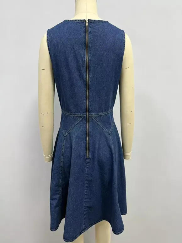 Sleeveless Mini Denim Dress For Women - Medium Blue Y2K Flower Button Fit And Flare Jean Pleated Sun Dress - Summer Casual Party 2026