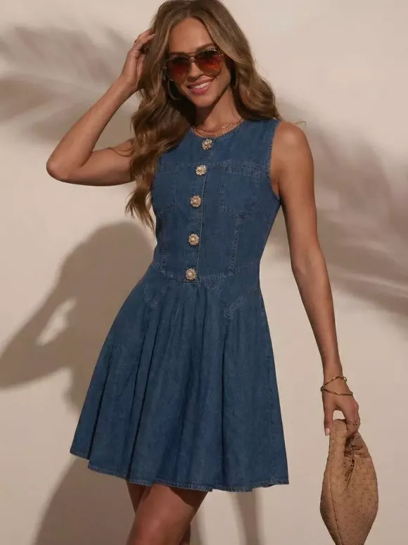 Sleeveless Mini Denim Dress For Women - Medium Blue Y2K Flower Button Fit And Flare Jean Pleated Sun Dress - Summer Casual Party 2026