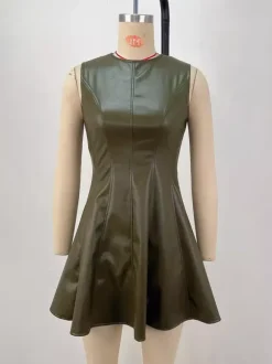 Sleeveless Olive Faux Leather Paneled Pleated Fit And Flare Mini Dress For Women 2026