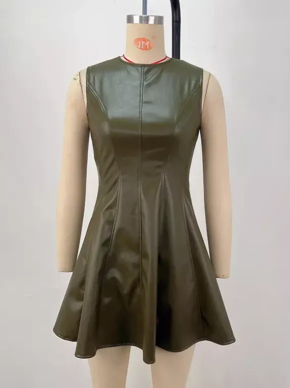 Sleeveless Olive Faux Leather Paneled Pleated Fit And Flare Mini Dress For Women 2026