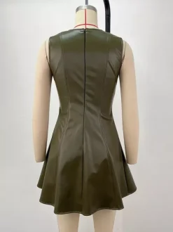 Sleeveless Olive Faux Leather Paneled Pleated Fit And Flare Mini Dress For Women 2026