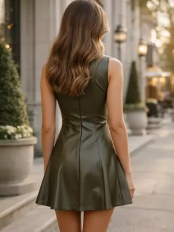 Sleeveless Olive Faux Leather Paneled Pleated Fit And Flare Mini Dress For Women 2026