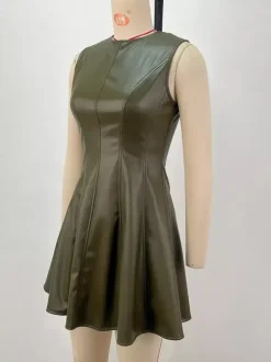 Sleeveless Olive Faux Leather Paneled Pleated Fit And Flare Mini Dress For Women 2026