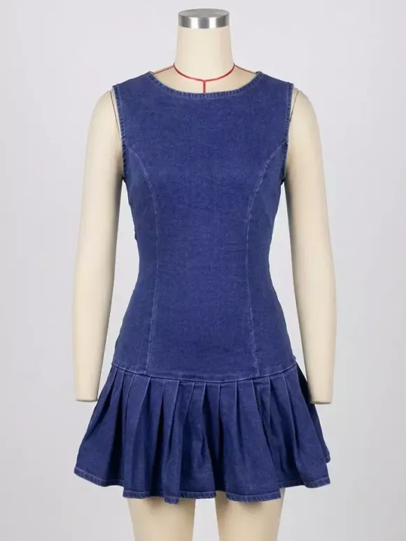 Sleeveless Pleated Denim Mini Dress For Women - Sexy Backless Tie Cutout Slim Fit - Summer Beach Streetwear 2026