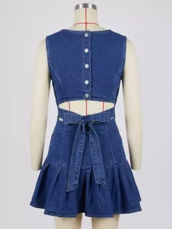 Sleeveless Pleated Denim Mini Dress For Women - Sexy Backless Tie Cutout Slim Fit - Summer Beach Streetwear 2026