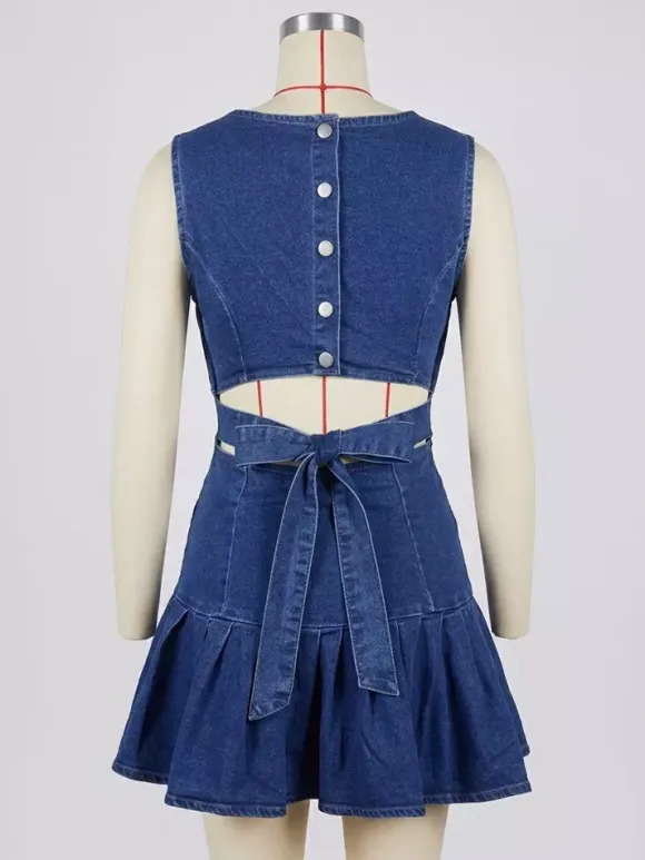 Sleeveless Pleated Denim Mini Dress For Women - Sexy Backless Tie Cutout Slim Fit - Summer Beach Streetwear 2026
