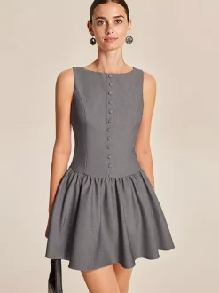 Sleeveless Pleated Mini Dress With Button-Front In Grey For Summer 2026