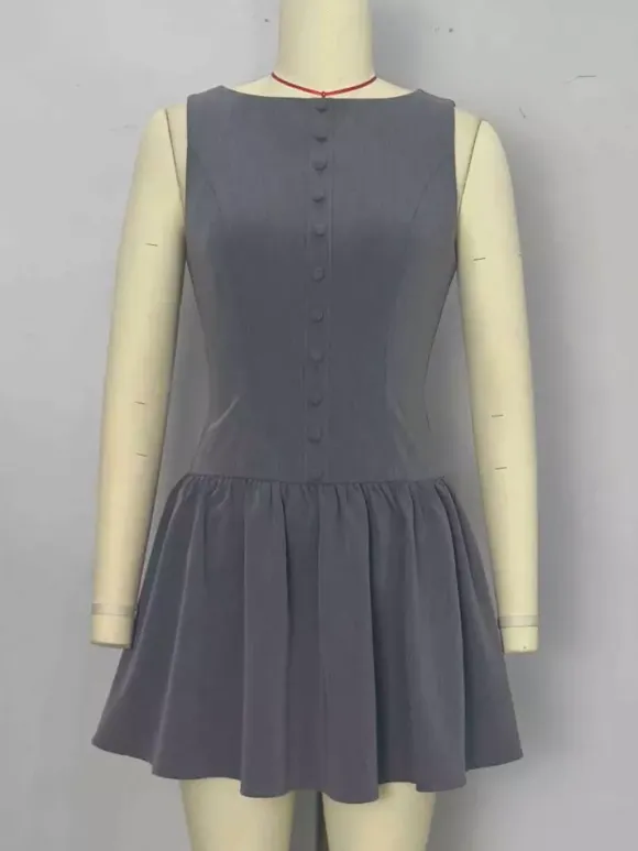Sleeveless Pleated Mini Dress With Button-Front In Grey For Summer 2026