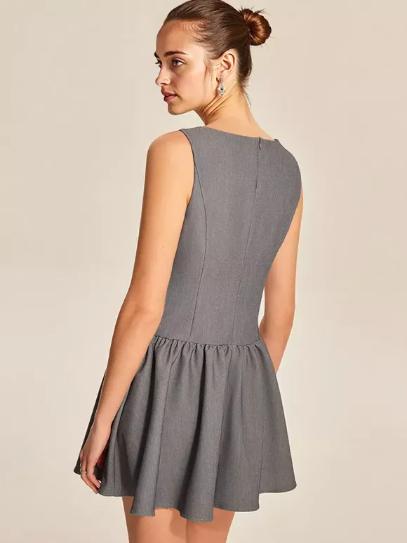 Sleeveless Pleated Mini Dress With Button-Front In Grey For Summer 2026