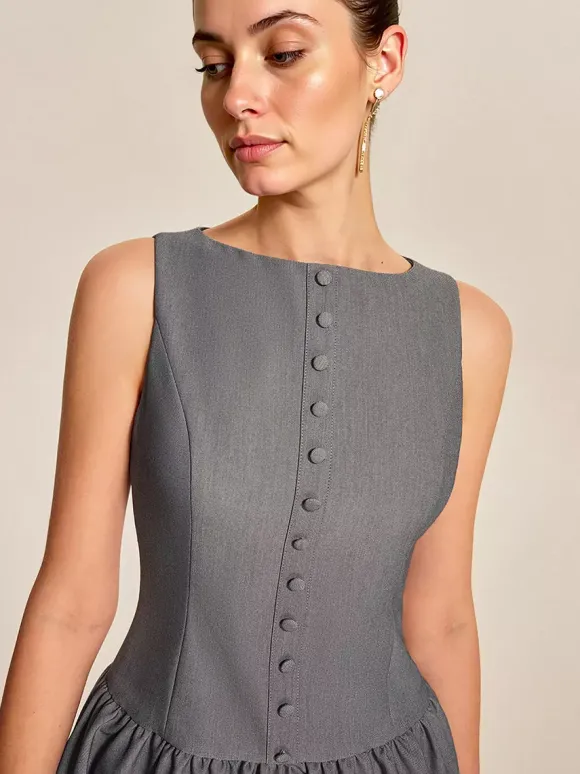Sleeveless Pleated Mini Dress With Button-Front In Grey For Summer 2026