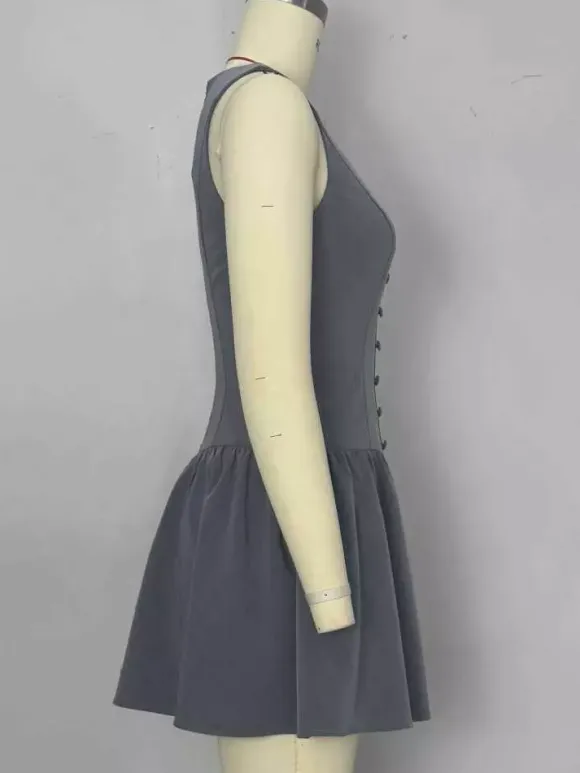 Sleeveless Pleated Mini Dress With Button-Front In Grey For Summer 2026