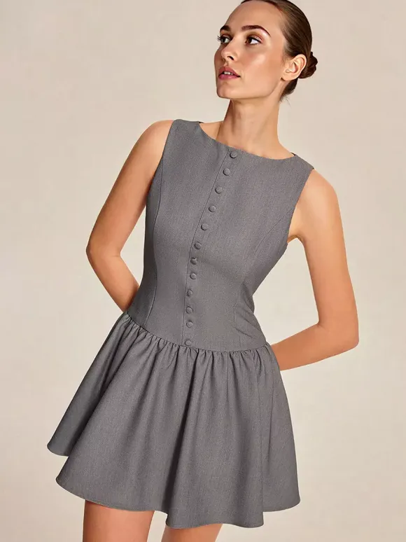 Sleeveless Pleated Mini Dress With Button-Front In Grey For Summer 2026