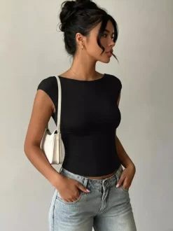 Sleeveless Tees Black Backless Lace Bateau Neck Women Tee Shirt