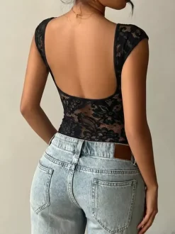 Sleeveless Tees Black Backless Lace Bateau Neck Women Tee Shirt