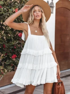 Sleeveless Babydoll Mini Dress for Women - Boho Tie Shoulder Square Neck Ruffle Tiered Sundress - Summer Beach Vacation 2026