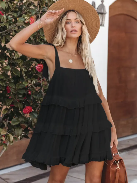 Sleeveless Babydoll Mini Dress for Women - Boho Tie Shoulder Square Neck Ruffle Tiered Sundress - Summer Beach Vacation 2026