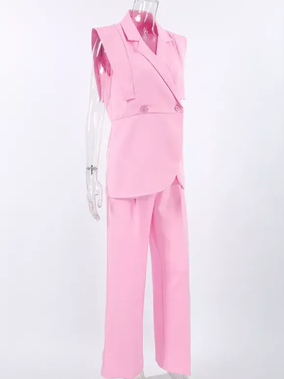 Sleeveless Blazer Set For Women Business Casual - Pink Chic Double Breasted Tailored Cut - 2026 Summer Work Outfit