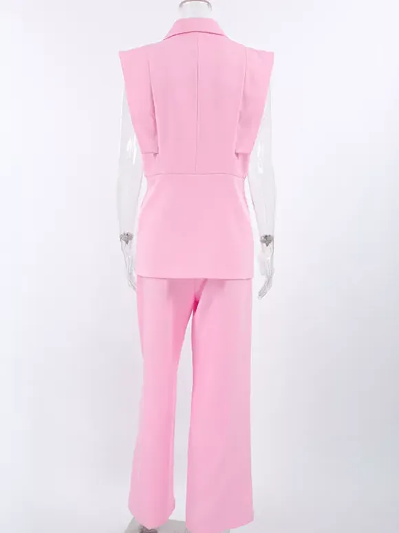 Sleeveless Blazer Set For Women Business Casual - Pink Chic Double Breasted Tailored Cut - 2026 Summer Work Outfit
