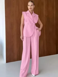 Sleeveless Blazer Set For Women Business Casual - Pink Chic Double Breasted Tailored Cut - 2026 Summer Work Outfit