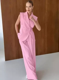 Sleeveless Blazer Set For Women Business Casual - Pink Chic Double Breasted Tailored Cut - 2026 Summer Work Outfit