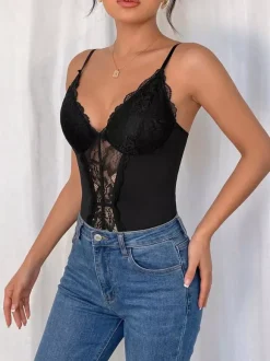 Sleeveless Bodysuit Black Cut Out Backless Straps Neck Sexy Top For Women
