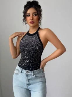 Sleeveless Bodysuit Black Halter Rhinestones Backless Chic Cotton Women Top