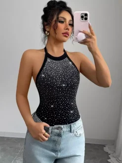 Sleeveless Bodysuit Black Halter Rhinestones Backless Chic Cotton Women Top