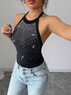 Sleeveless Bodysuit Black Halter Rhinestones Backless Chic Cotton Women Top