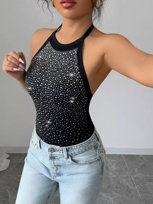 Sleeveless Bodysuit Black Halter Rhinestones Backless Chic Cotton Women Top