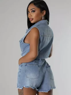 Sleeveless Denim Romper For Women - Light Blue Distressed Tie Waist One Piece Shorts - Summer Clubwear 2026
