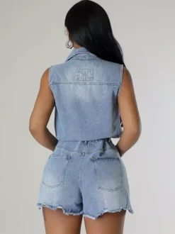 Sleeveless Denim Romper For Women - Light Blue Distressed Tie Waist One Piece Shorts - Summer Clubwear 2026