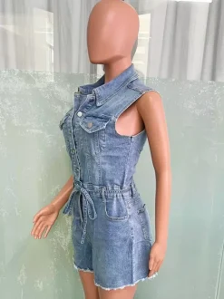 Sleeveless Denim Romper For Women - Light Blue Distressed Tie Waist One Piece Shorts - Summer Clubwear 2026