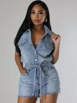 Sleeveless Denim Romper For Women - Light Blue Distressed Tie Waist One Piece Shorts - Summer Clubwear 2026