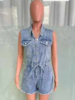 Sleeveless Denim Romper For Women - Light Blue Distressed Tie Waist One Piece Shorts - Summer Clubwear 2026