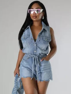 Sleeveless Denim Romper For Women - Light Blue Distressed Tie Waist One Piece Shorts - Summer Clubwear 2026