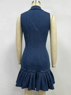 Sleeveless Mini Denim Dress For Women - Dark Blue Beaded Collar Button Up Ruffle Hem Slim Fit Jean Dress - Summer Casual Party 2026