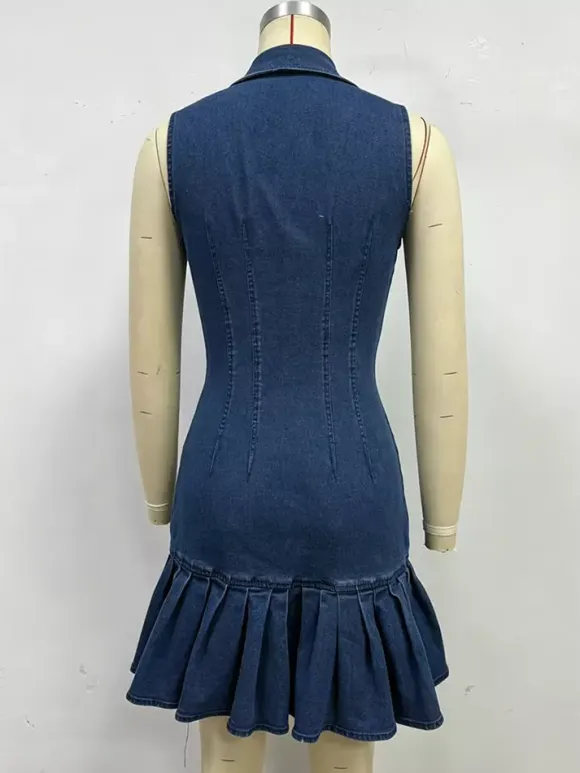 Sleeveless Mini Denim Dress For Women - Dark Blue Beaded Collar Button Up Ruffle Hem Slim Fit Jean Dress - Summer Casual Party 2026