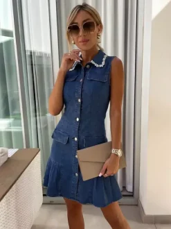 Sleeveless Mini Denim Dress For Women - Dark Blue Beaded Collar Button Up Ruffle Hem Slim Fit Jean Dress - Summer Casual Party 2026